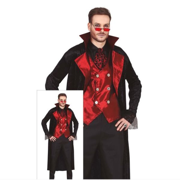 Déguisement vampire homme adulte Halloween avec veste noire longue et gilet rouge effet satin