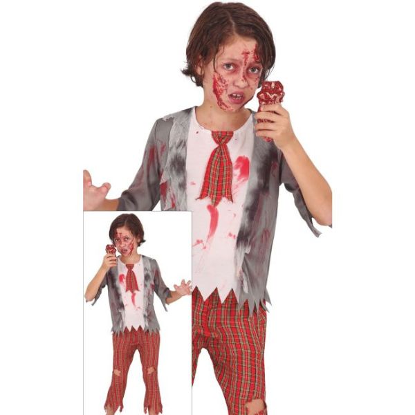 Déguisement zombie garçon Halloween avec haut ensanglanté et pantalon écossais rouge déchiré