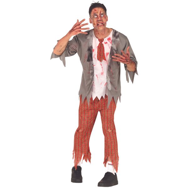 Déguisement zombie pour homme avec pantalon rouge à carreaux et haut ensanglanté, costume terrifiant pour Halloween.