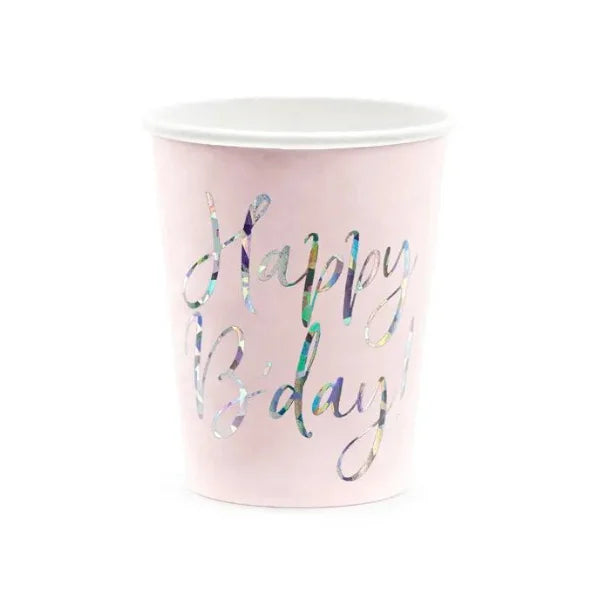 SET OF 6 HAPPY B-DAY PINK CARDBOARD CUPS 22CL