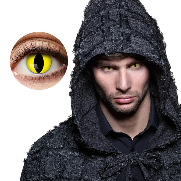 Lentilles Halloween yeux de reptile jaunes avec pupille verticale pour démon, serpent ou chat maléfique