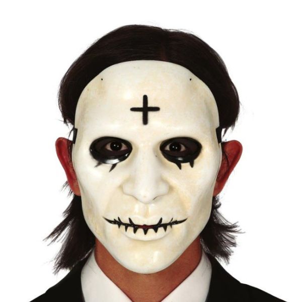 Masque blanc effrayant adulte Halloween avec croix noire et sourire macabre