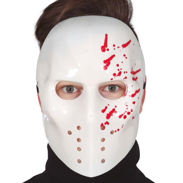 Masque Halloween tueur style hockey blanc avec traces de sang