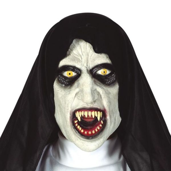 Masque nonne démoniaque adulte Halloween avec yeux jaunes et dents acérées