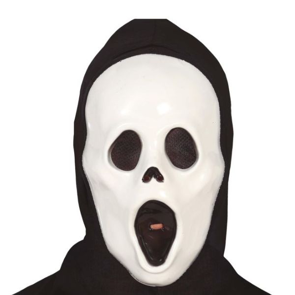 Masque Scream blanc adulte avec tissu noir pour déguisement Halloween