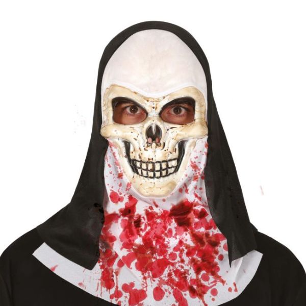 Masque squelette ensanglanté adulte avec coiffe noire pour Halloween