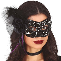 MASQUE À SEQUINS NOIR/ARGENTÉ AVEC FLEUR