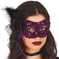 MASQUE À SEQUINS NOIR/LILAS AVEC FLEUR