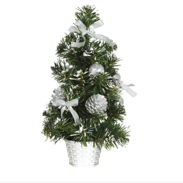 mini sapin de Noël décoré en argent dans pot blanc
