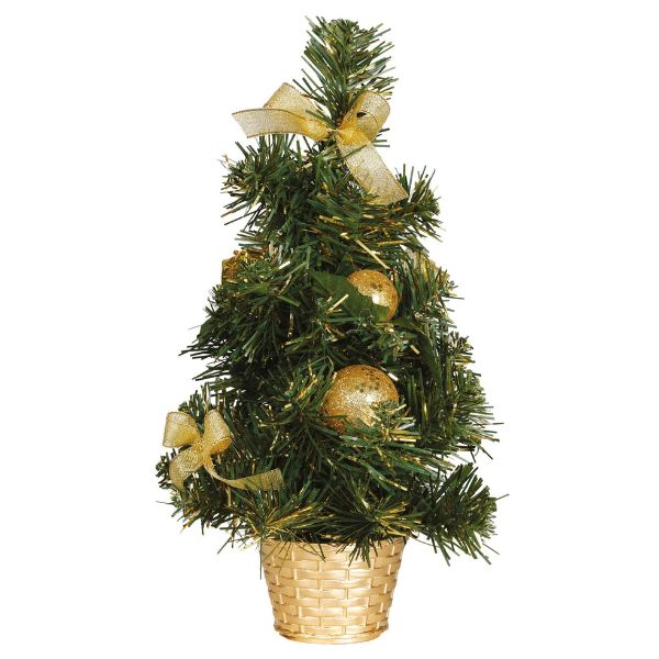 mini sapin de Noël décoré en doré dans pot tressé