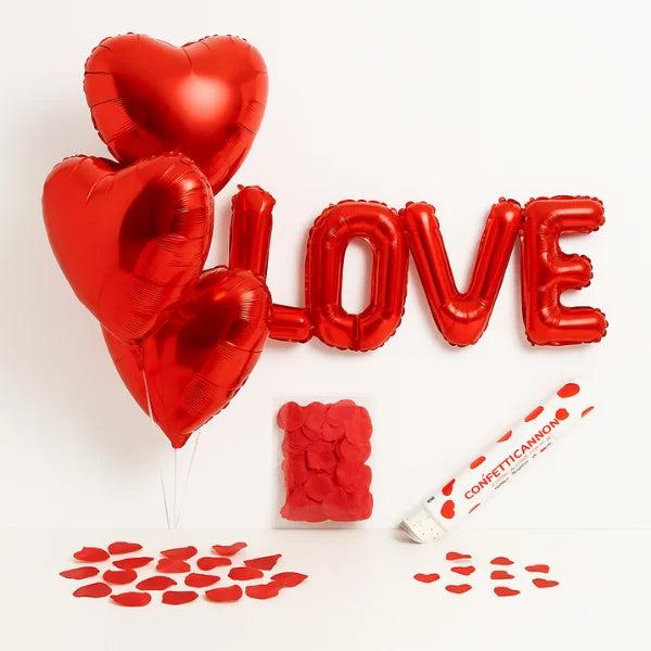 Pack Love Rouge - Ballons Cœur Hélium, Confettis et Déco