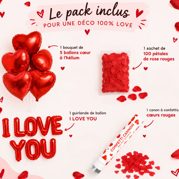 Pack Love Rouge - Ballons Cœur Gonflé Hélium, Confettis et Déco
