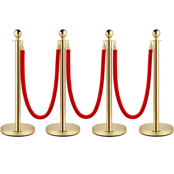 RENTAL 4 GOLDEN GUIDE POSTS WITH 3 RED VELVET ROPES