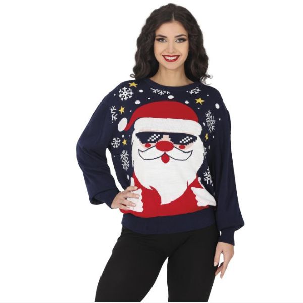 pull de Noël femme bleu marine motif Père Noël lunettes pix