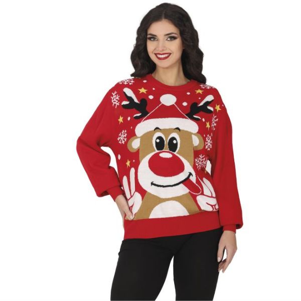 pull de Noël femme rouge avec motif renne joyeux