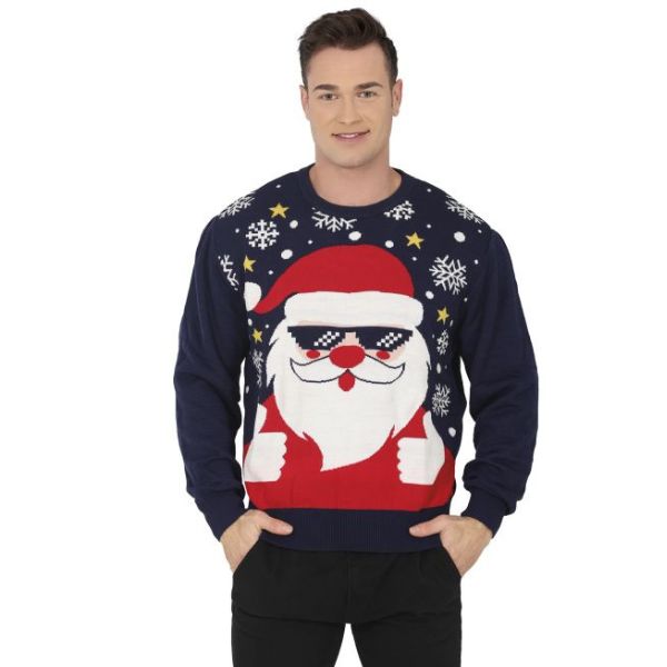 pull de Noël bleu marine avec Père Noël lunettes pixel