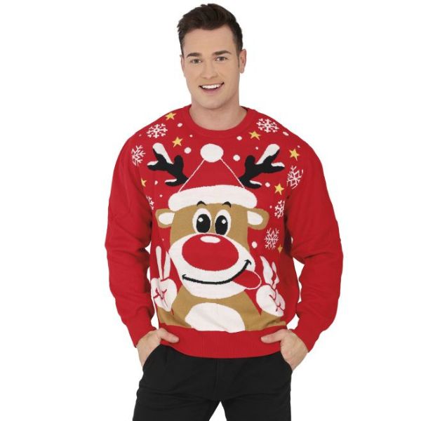 pull de Noël rouge motif renne fun