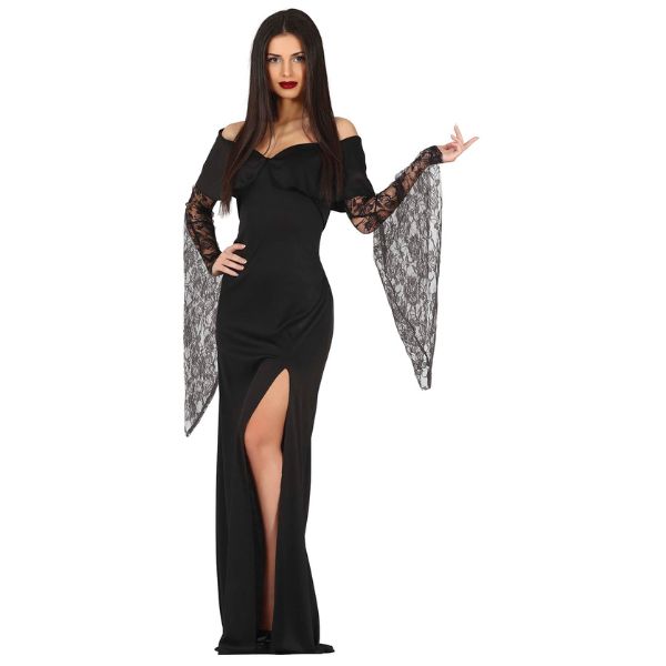 Robe longue de sorcière noire pour femme avec manches en dentelle, costume d’Halloween élégant et mystérieux.