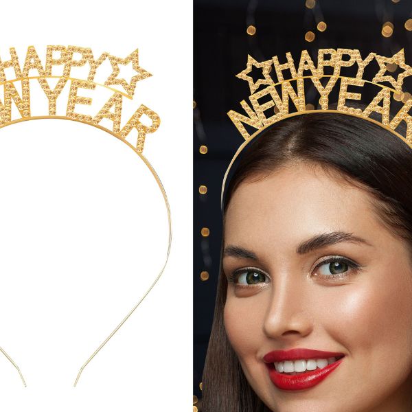 Serre-tête doré Happy New Year avec étoiles – Accessoire de fête pour le Nouvel An