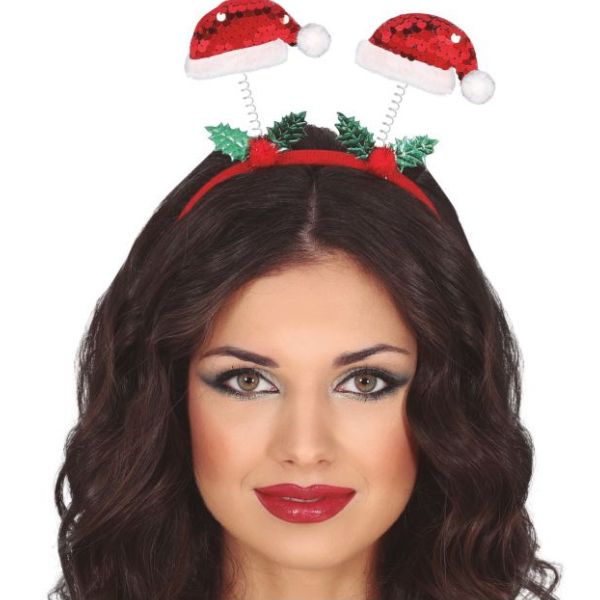 serre-tête de Noël rouge avec deux mini bonnets à sequins sur ressort