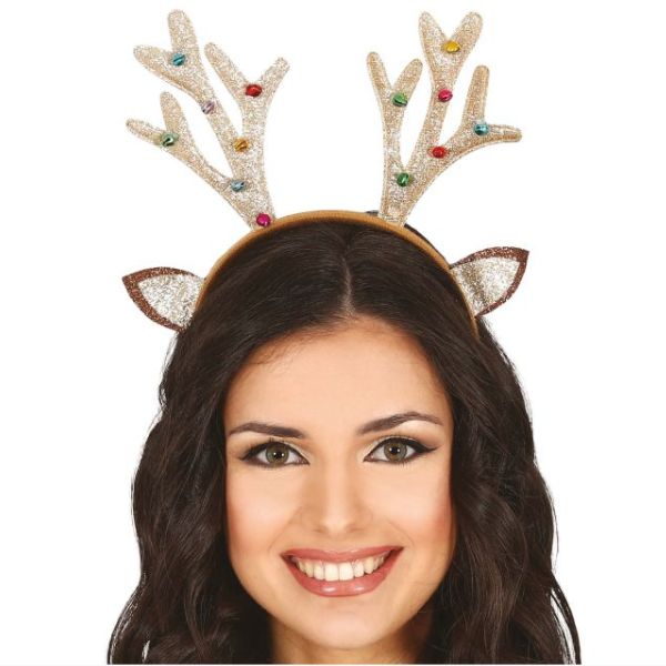 serre-tête renne doré pailleté avec bois et perles colorées