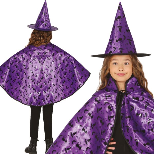 SET SORCIÈRE 50 CMS LILAS ENFANT (cape + chapeau)