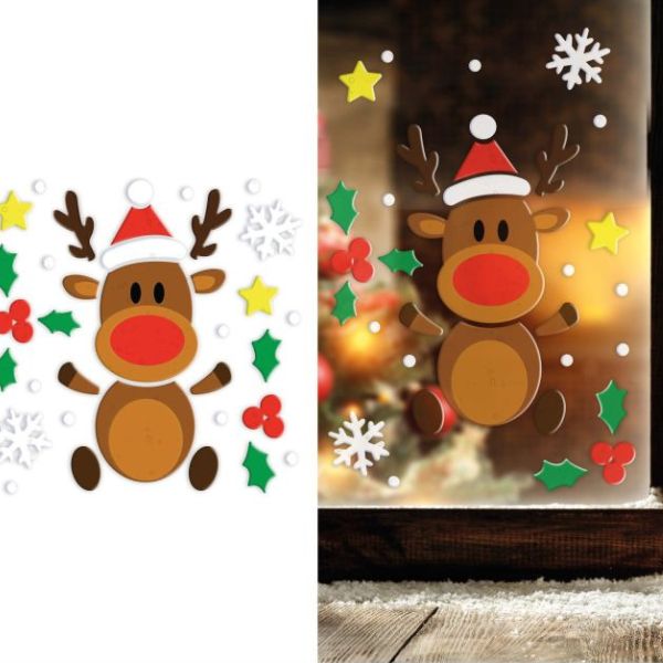 stickers gel de Noël renne et décorations sur fenêtre