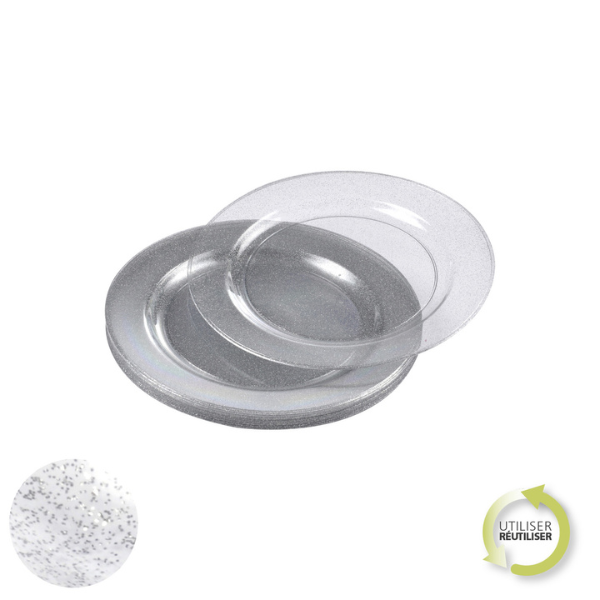 SET OF 6 REUSABLE PLASTIC PLATES 18CM SILVER